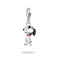 Silver dog-shaped charm with black and red accents on a white background