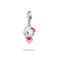 A silver Hello Kitty charm pendant featuring a silver cat head with a red bow, holding a red heart, wearing a pink skirt, and attached to a silver lobster clasp, shown on a white background with a soft shadow.