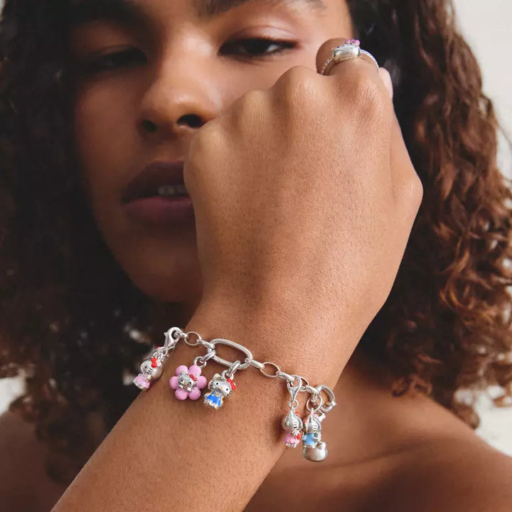 A close-up lifestyle shot of a model wearing a silver charm bracelet on her wrist. The bracelet features small charms, including a pink flower and a silver cat, set against a soft, light background.