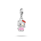 A silver Hello Kitty charm pendant featuring a silver body, pink dress, red bow, and yellow nose, suspended from a silver lobster clasp on a white background.