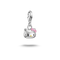 A silver Hello Kitty charm pendant with a pink bow and yellow nose, suspended against a plain white background.