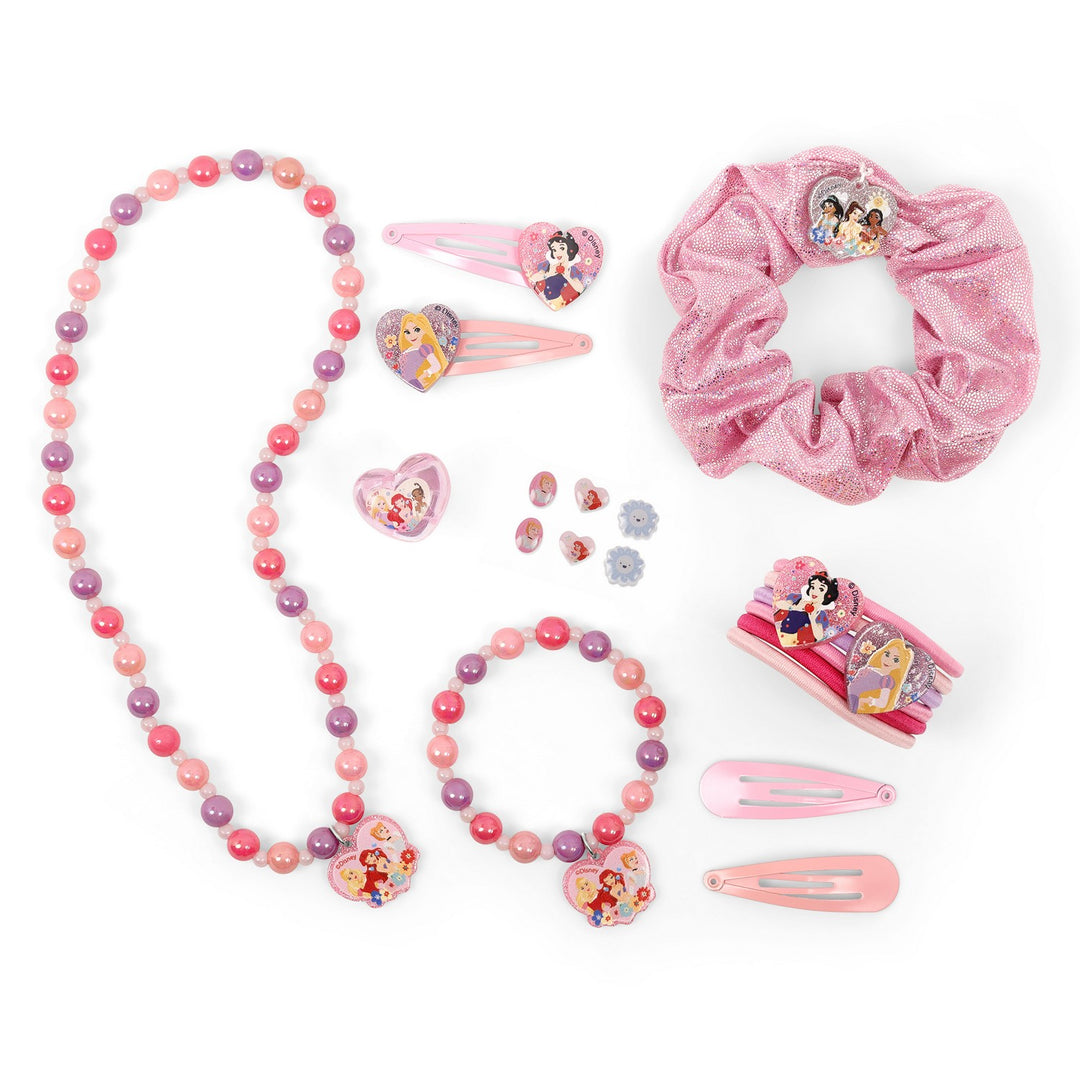 Set of pink jewelry and hair accessories with Disney Princess design on a white background