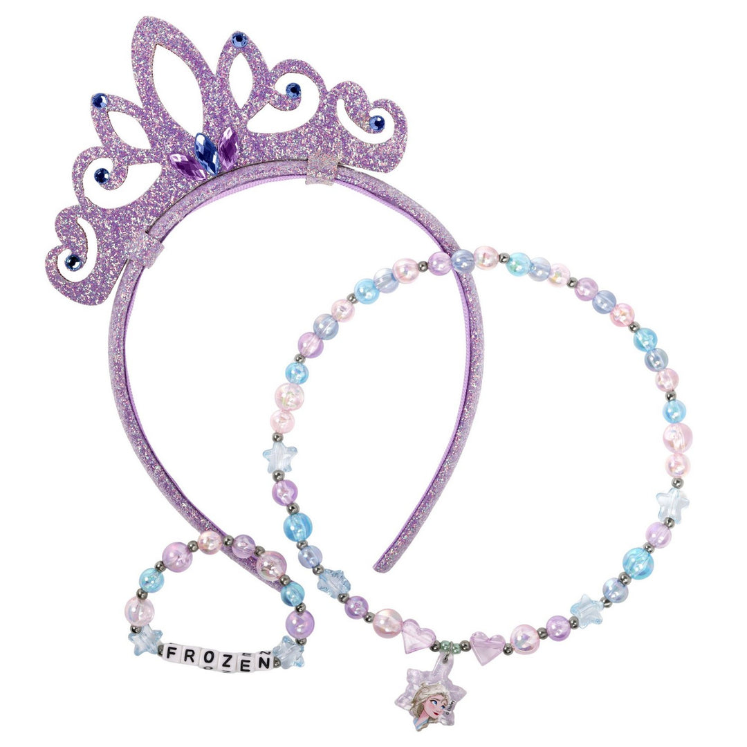 Frozen-themed tiara and headband with decorative beads on a white background