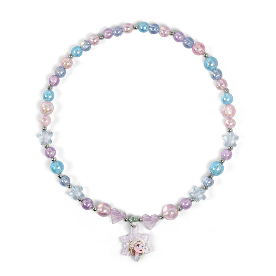 Pastel-colored beaded necklace with a flower-shaped pendant on a white background