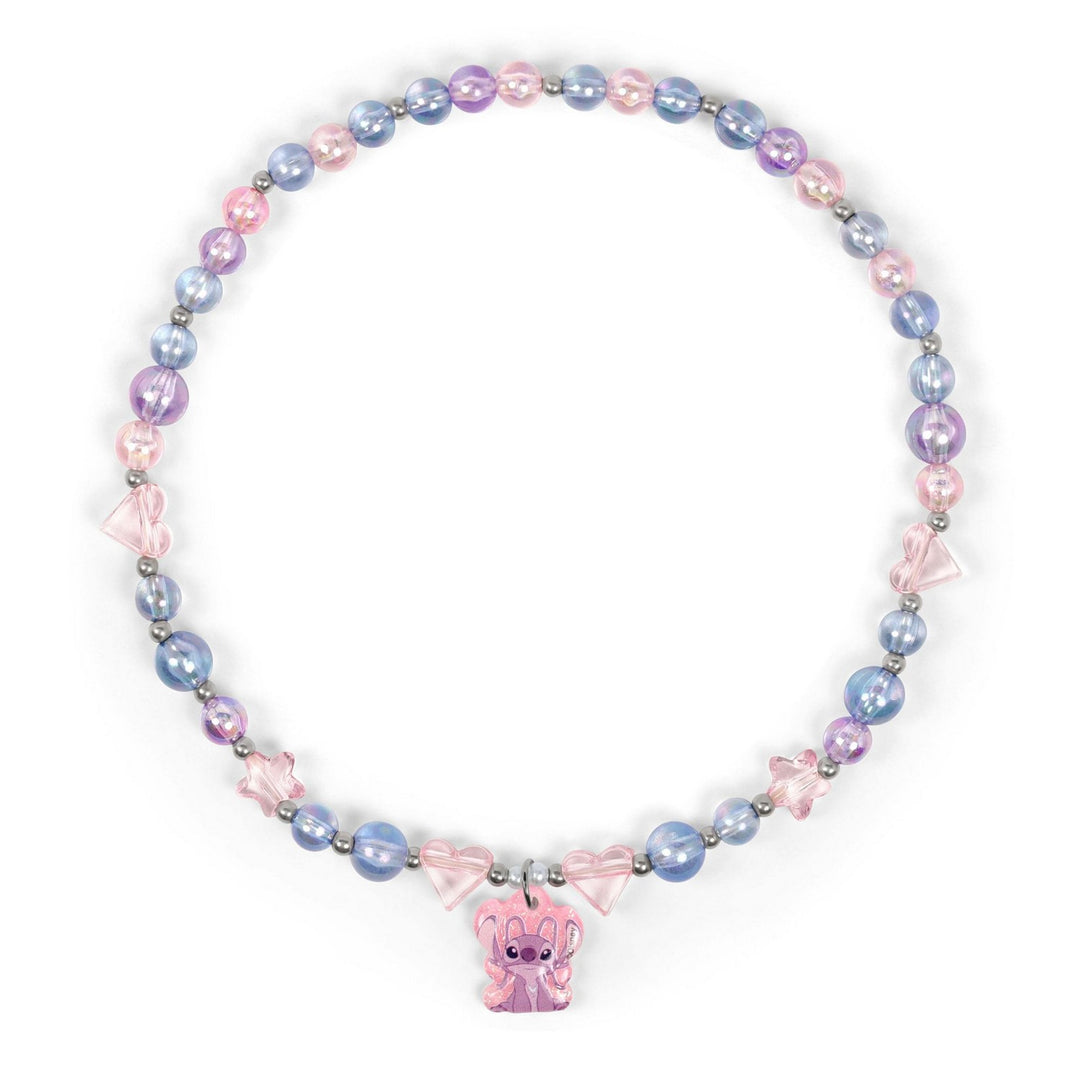 Necklace with pastel-colored beads and a bunny charm on a white background