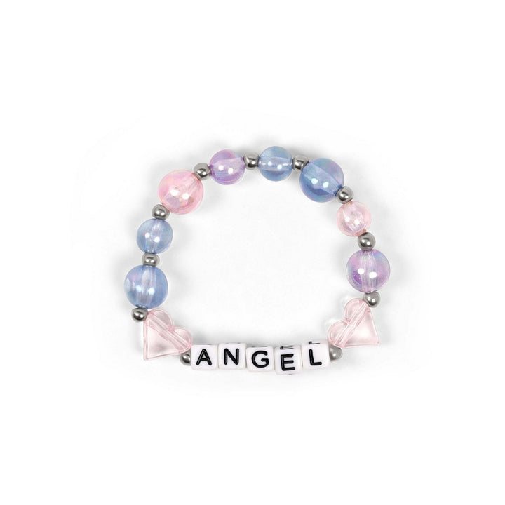 Pastel beaded bracelet with 'ANGEL' block letters on a white background