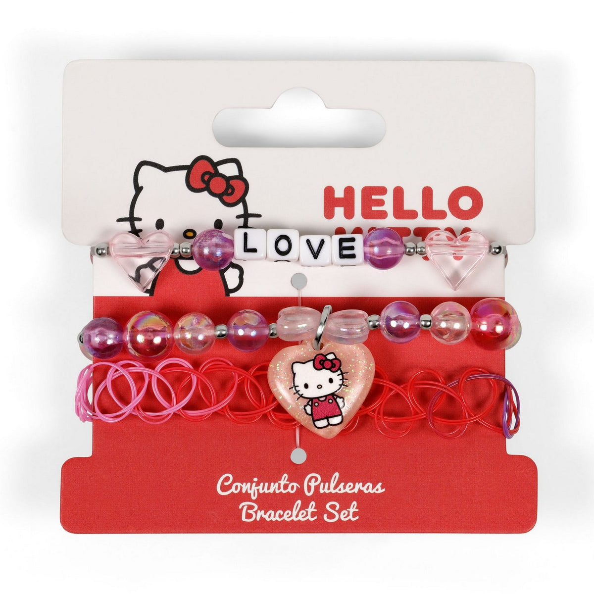 Hello Kitty bracelet set on a red card with a white background