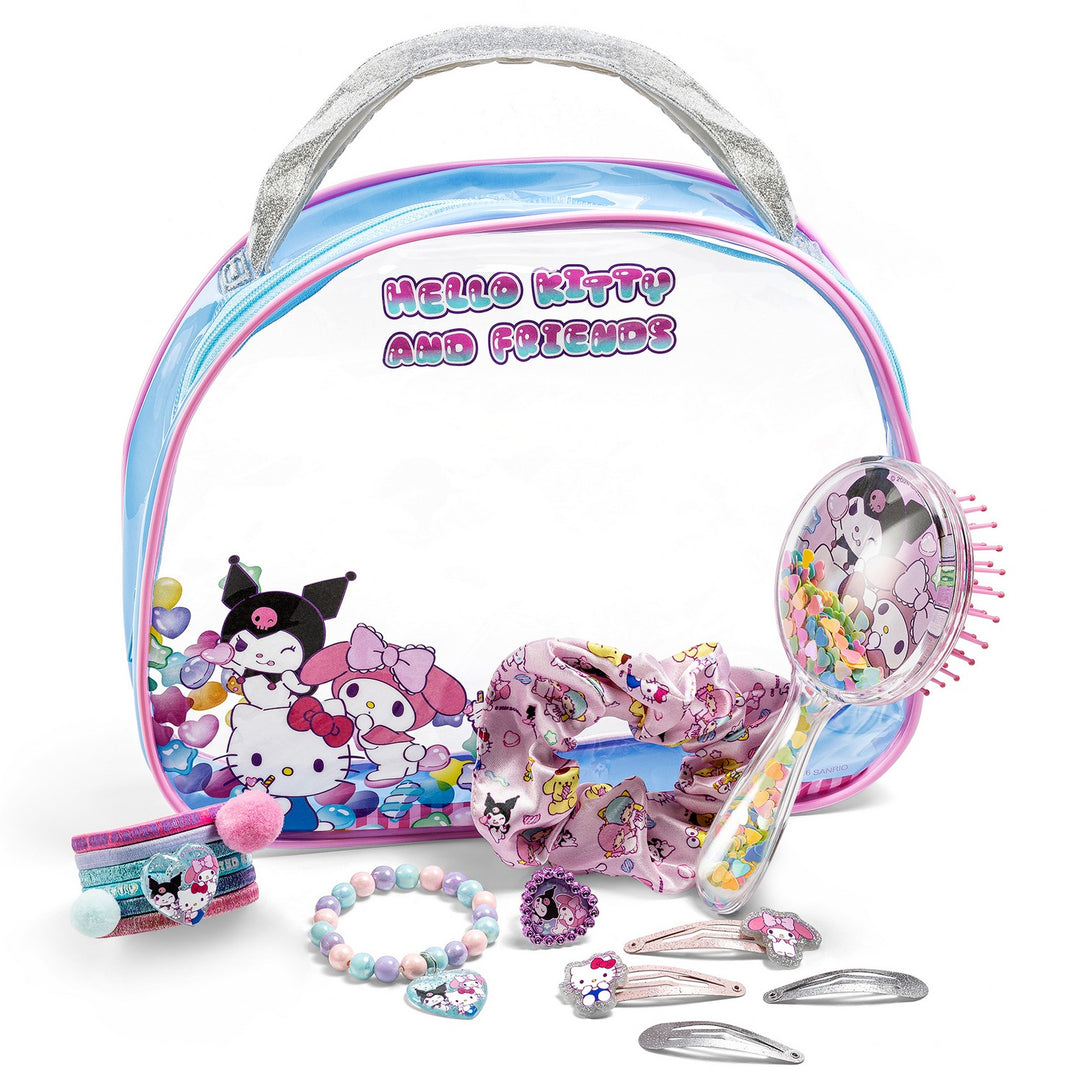 Hello Kitty and Friends hair accessory set with mirror, hair clips, and more on a white background