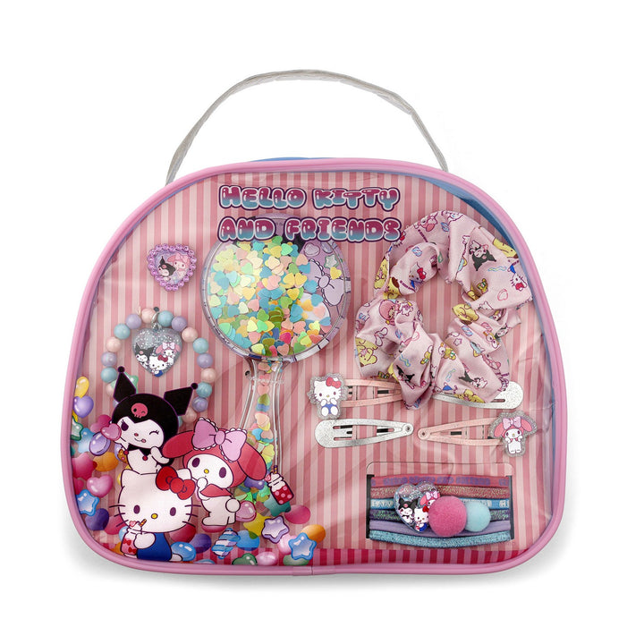 Hello Kitty and Friends hair accessories set in a pink case on a white background