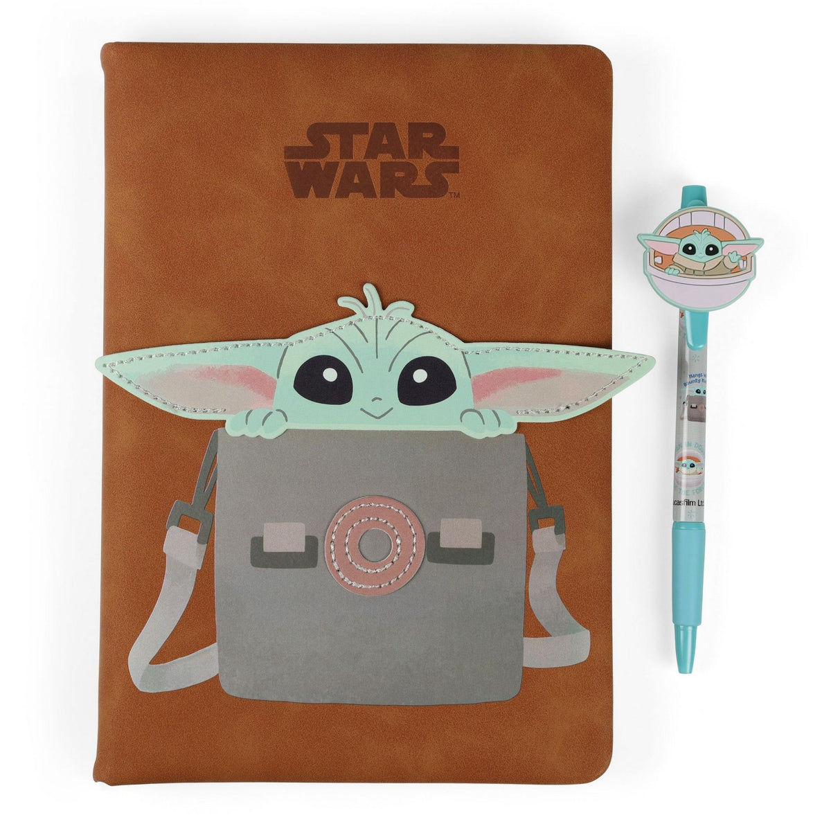 Star Wars notebook with Baby Yoda design and matching pen on a white background