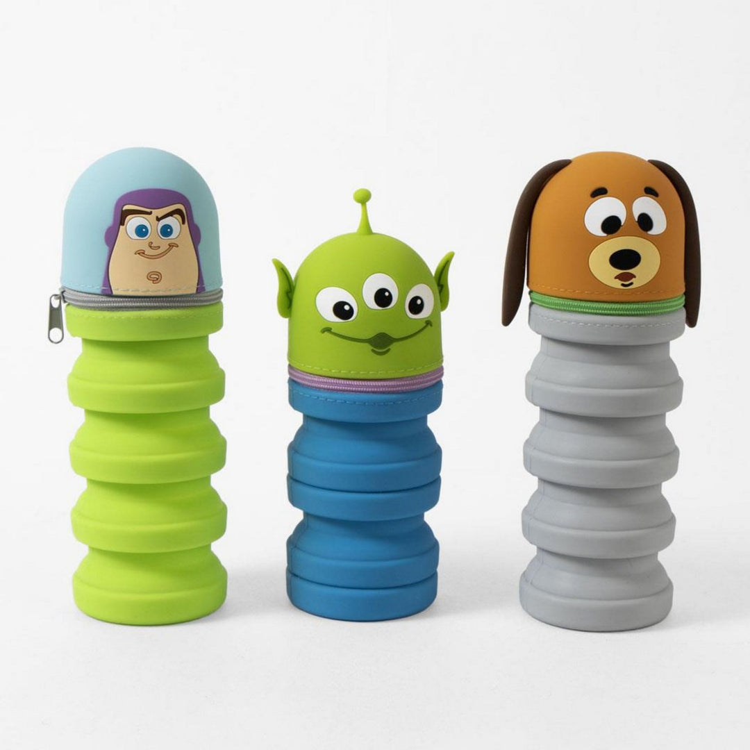 Three collapsible water bottles with cartoon character designs on a white background