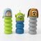 Three collapsible water bottles with cartoon character designs on a white background