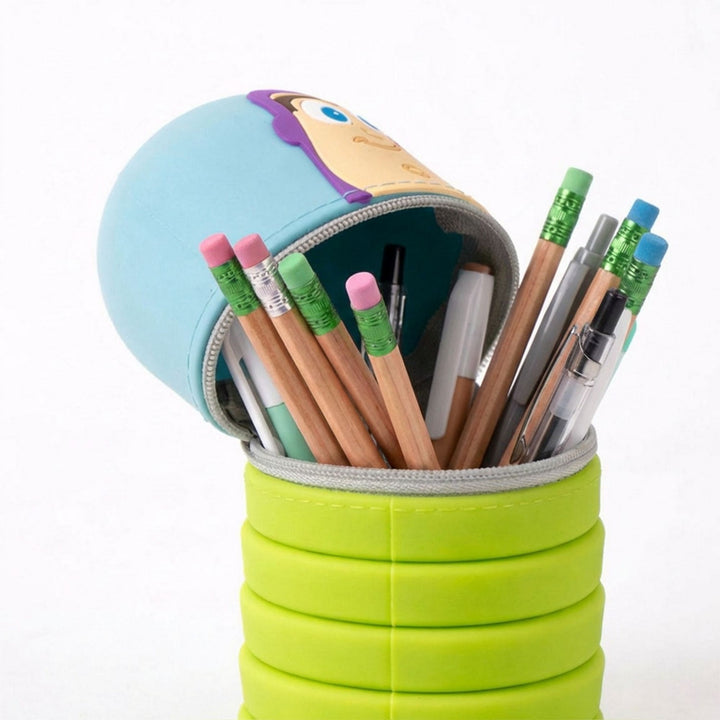 Colorful pencil holder with pens and pencils on a white background
