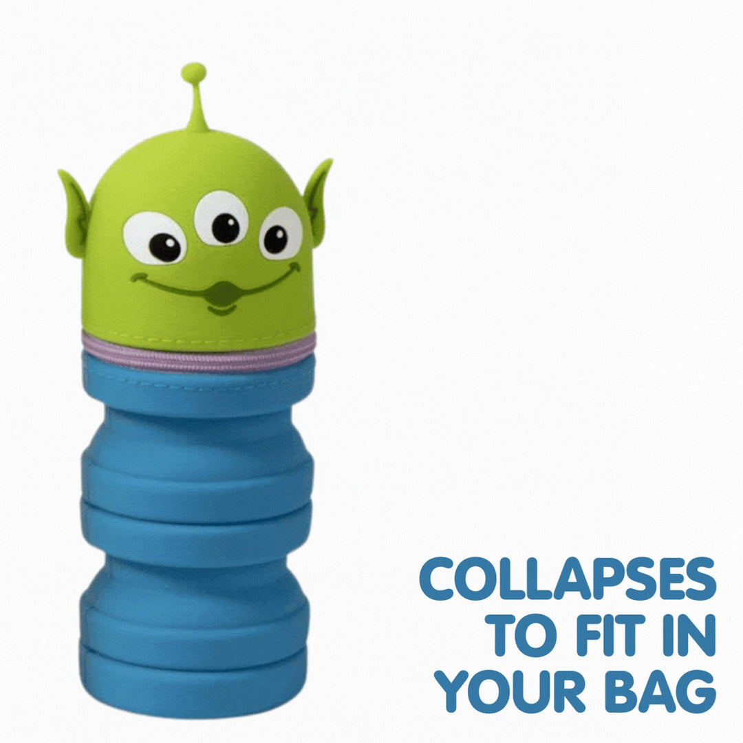 Collapsible water bottle shaped like a green alien character with text indicating it fits in a bag.