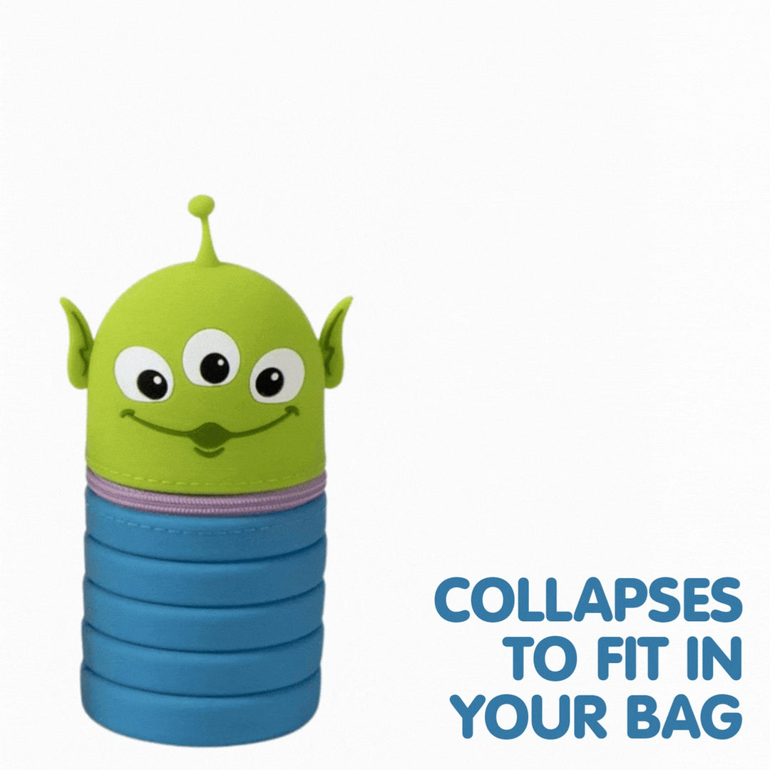 Collapsible water bottle shaped like a green alien character with text 'Collapses to fit in your bag' on a white background