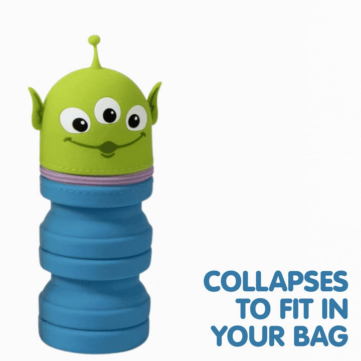 Collapsible water bottle shaped like a green alien character with text 'Collapses to fit in your bag'.