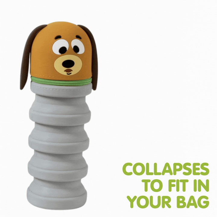 Dog-shaped product that collapses to fit in a bag on a white background