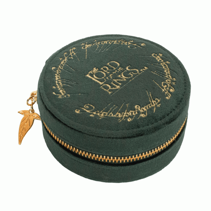 A round dark green velvet jewelry box featuring gold embroidery of the 'Lord of the Rings' ring script and a gold zipper with a leaf-shaped charm, shown on a plain white background.