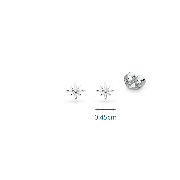 Pair of silver star-shaped earrings with a measurement label on a white background