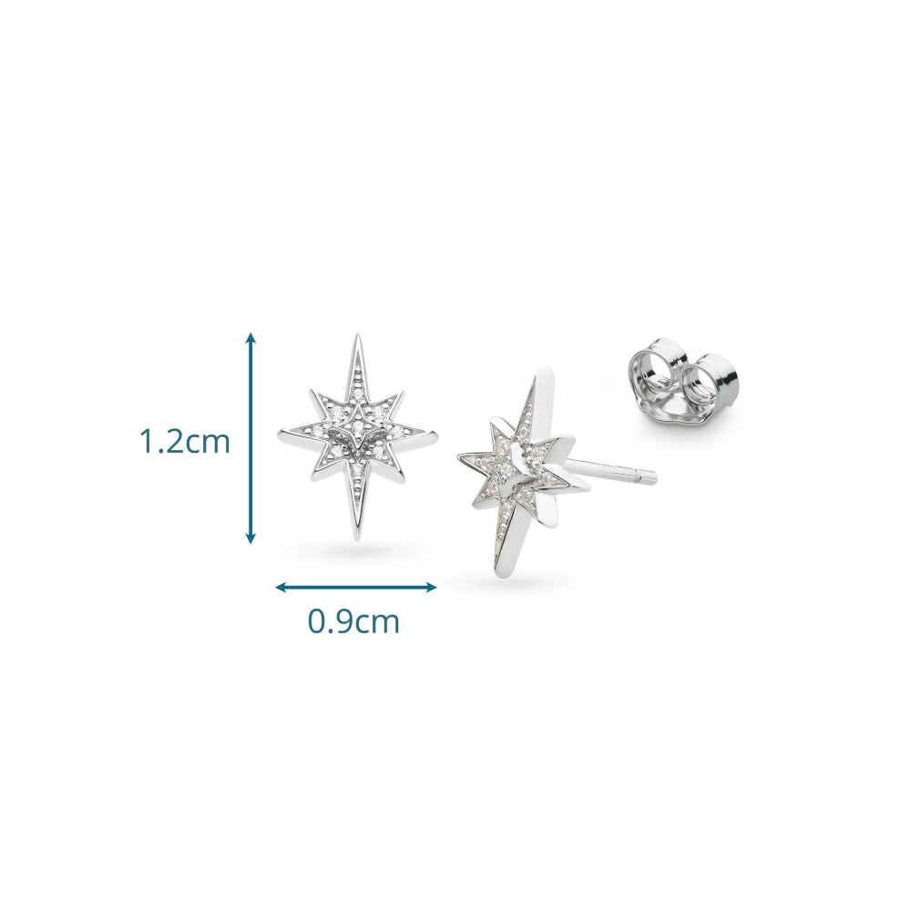 Star-shaped silver earrings with measurements on a white background