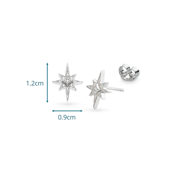 Star-shaped silver earrings with measurements on a white background