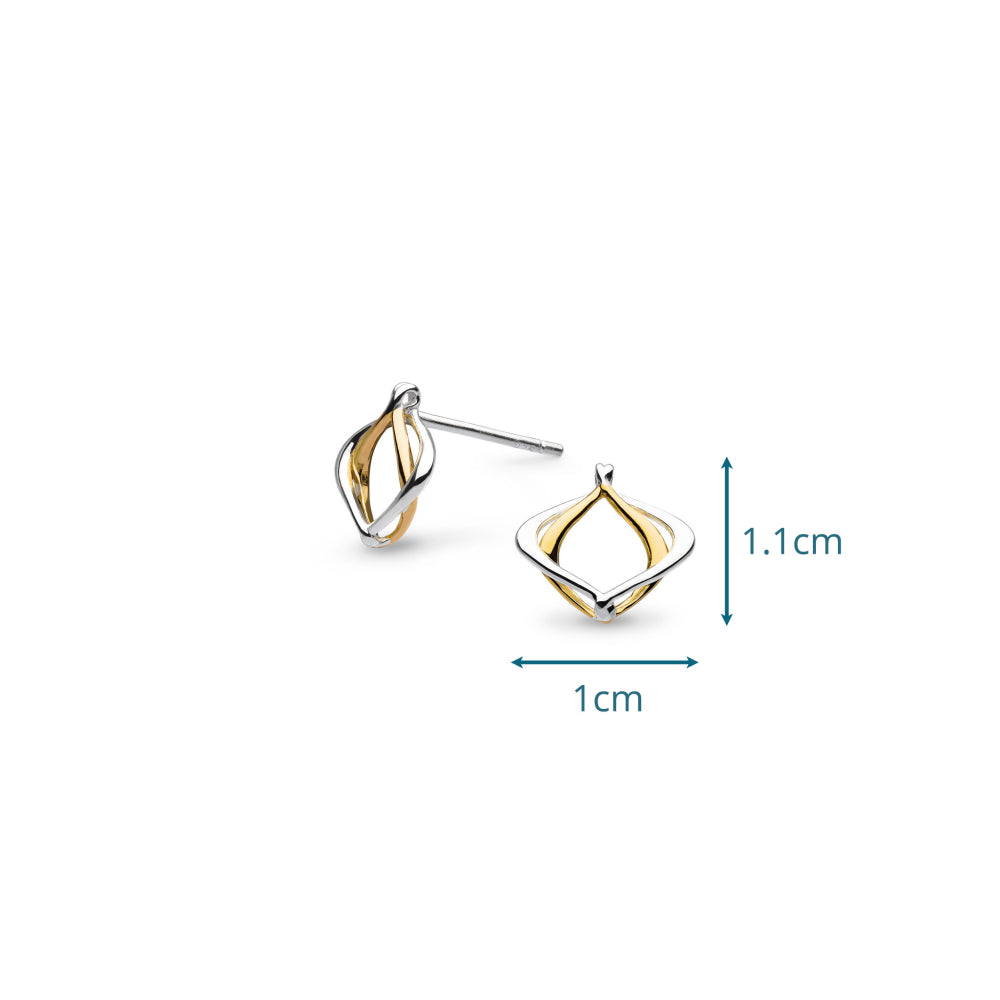 Gold and silver earrings with measurement details on a white background