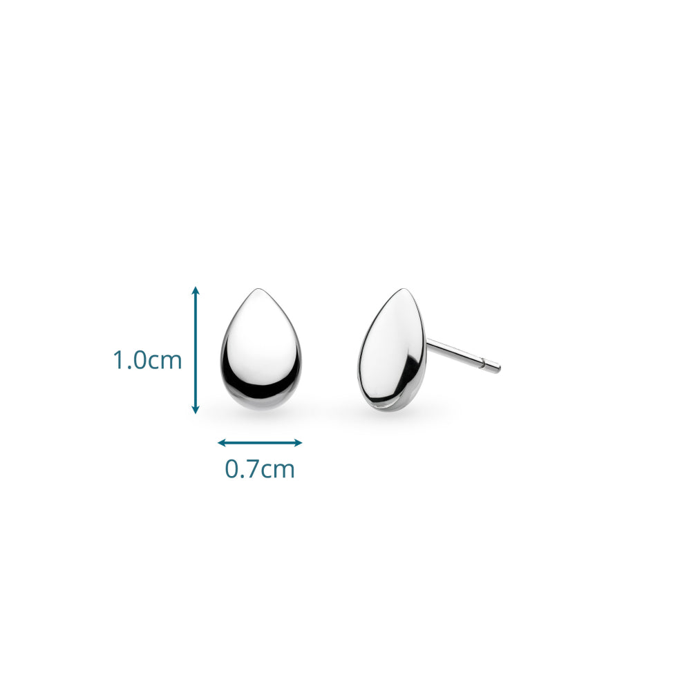 Silver teardrop-shaped earrings with measurements on a white background