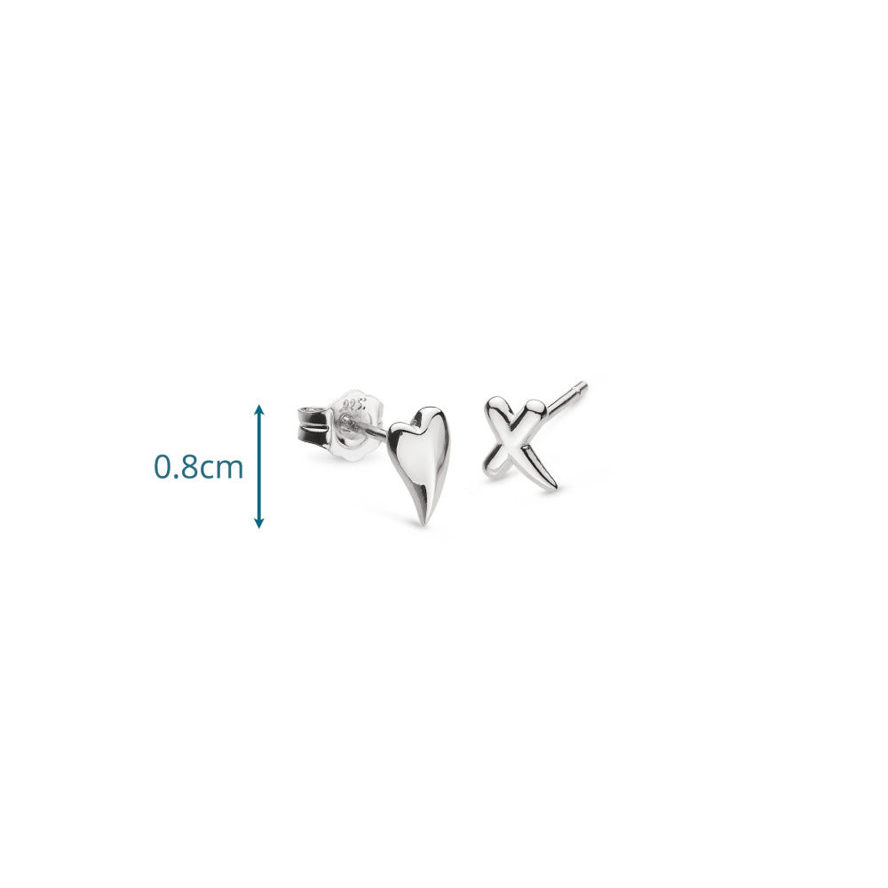 Silver heart and cross earrings on a white background with measurement label.