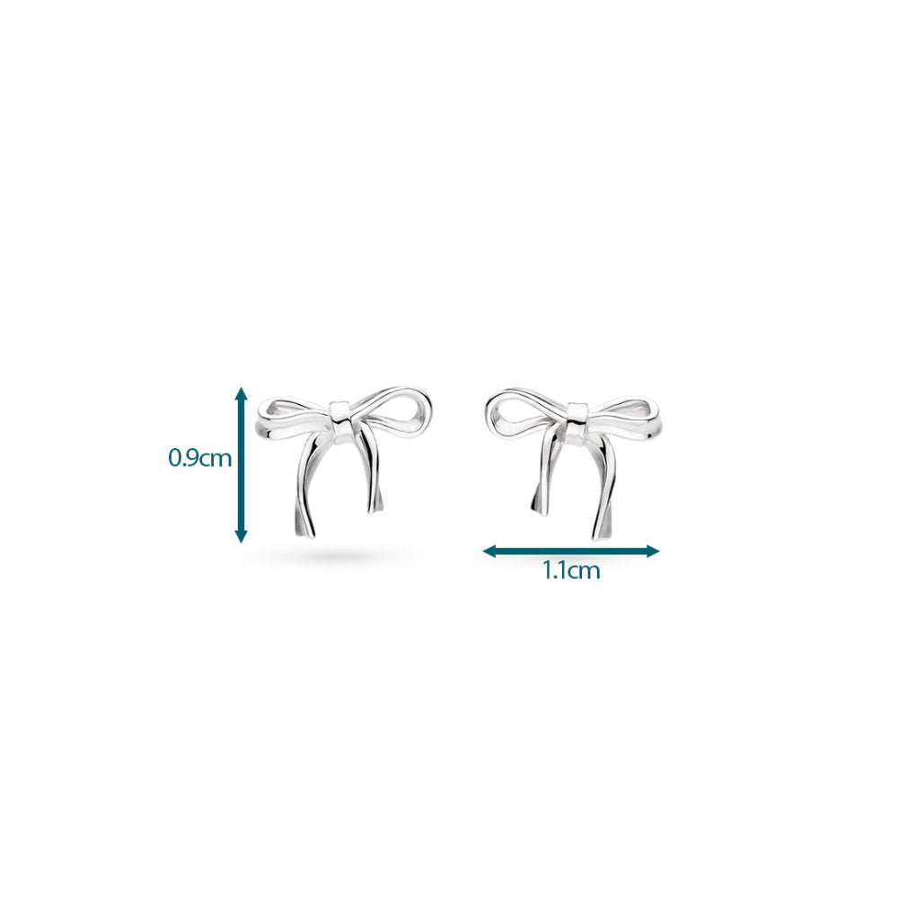 Silver bow-shaped earrings with measurements on a white background