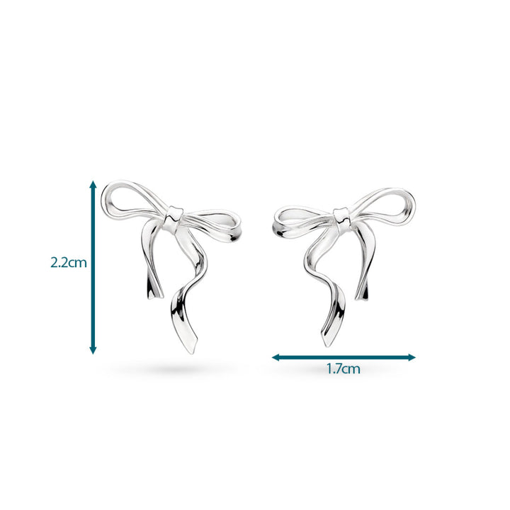 Silver bow-shaped earrings with measurements on a white background