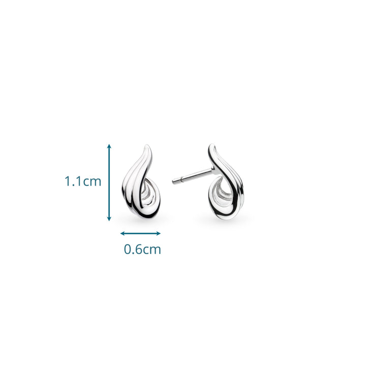 Silver earrings with dimensions labeled on a white background