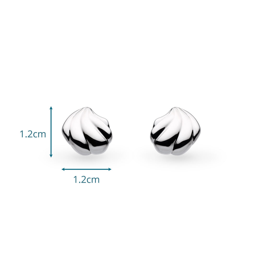 Pair of silver earrings with measurement details on a white background
