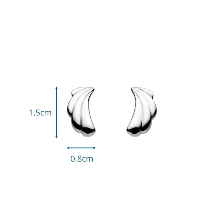 Silver wing-shaped earrings with measurements on a white background