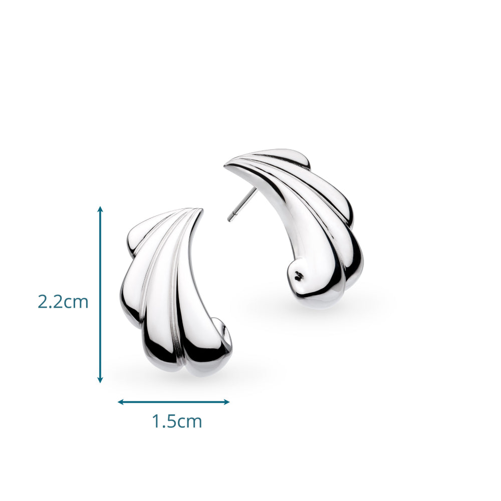 Silver earrings with dimensions indicated on a white background