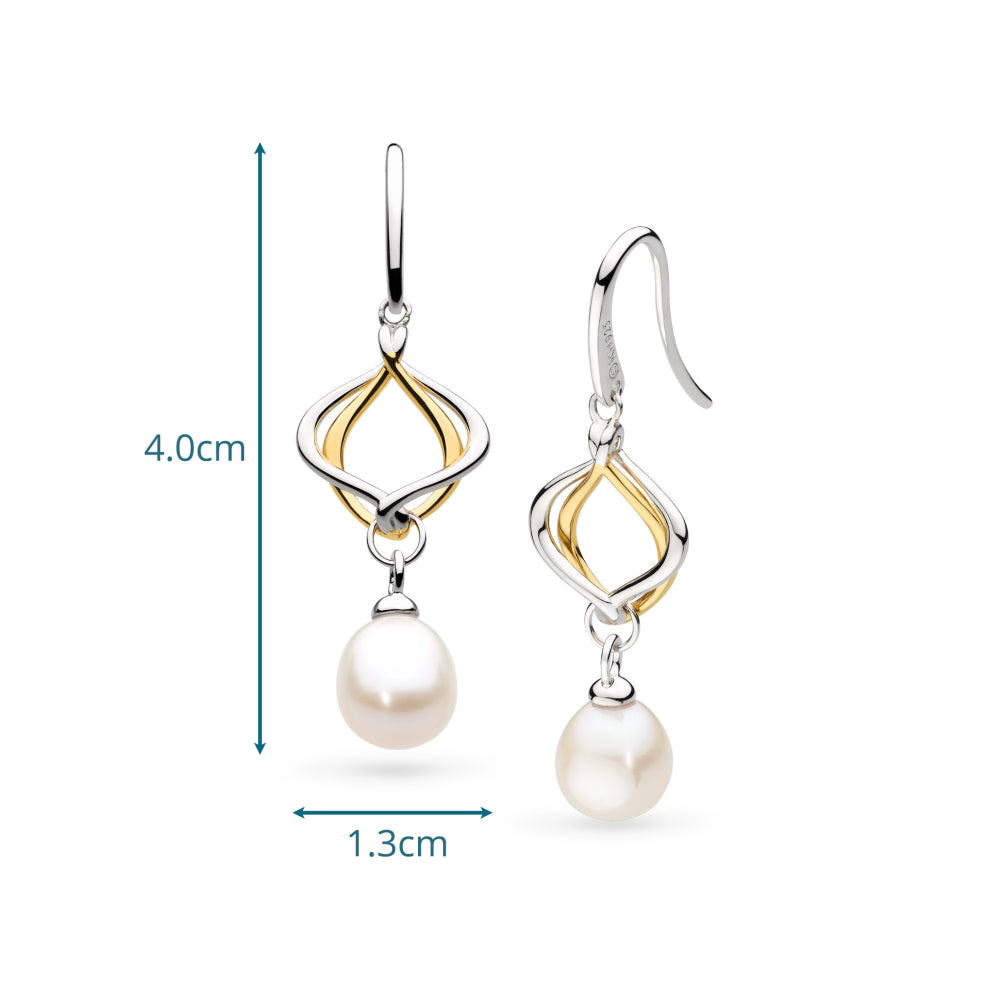 Pair of earrings with pearls and gold accents, shown with measurements on a white background.