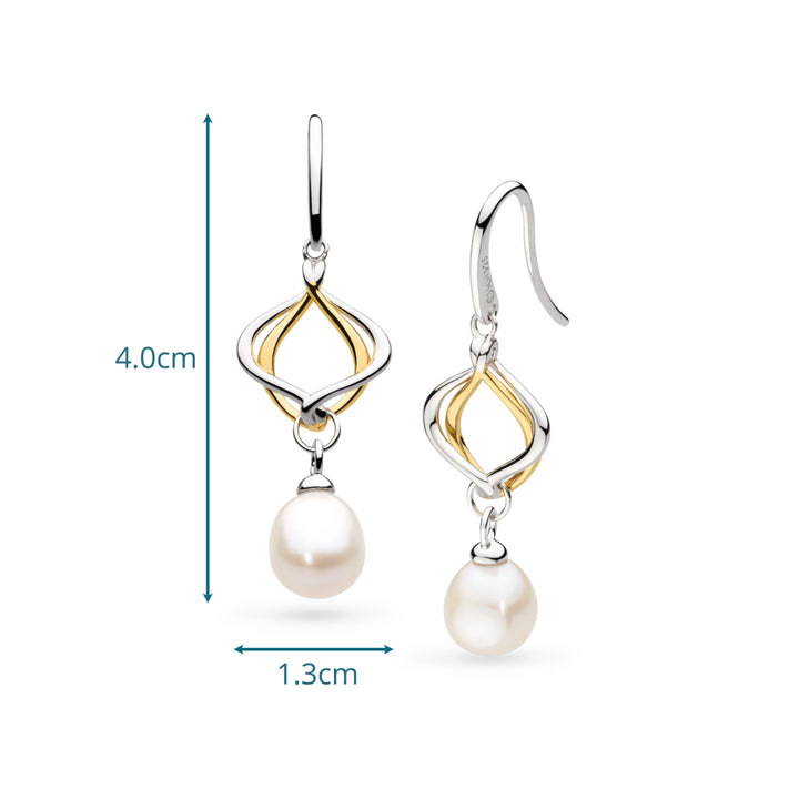 Pair of earrings with pearls and gold accents, shown with measurements on a white background.