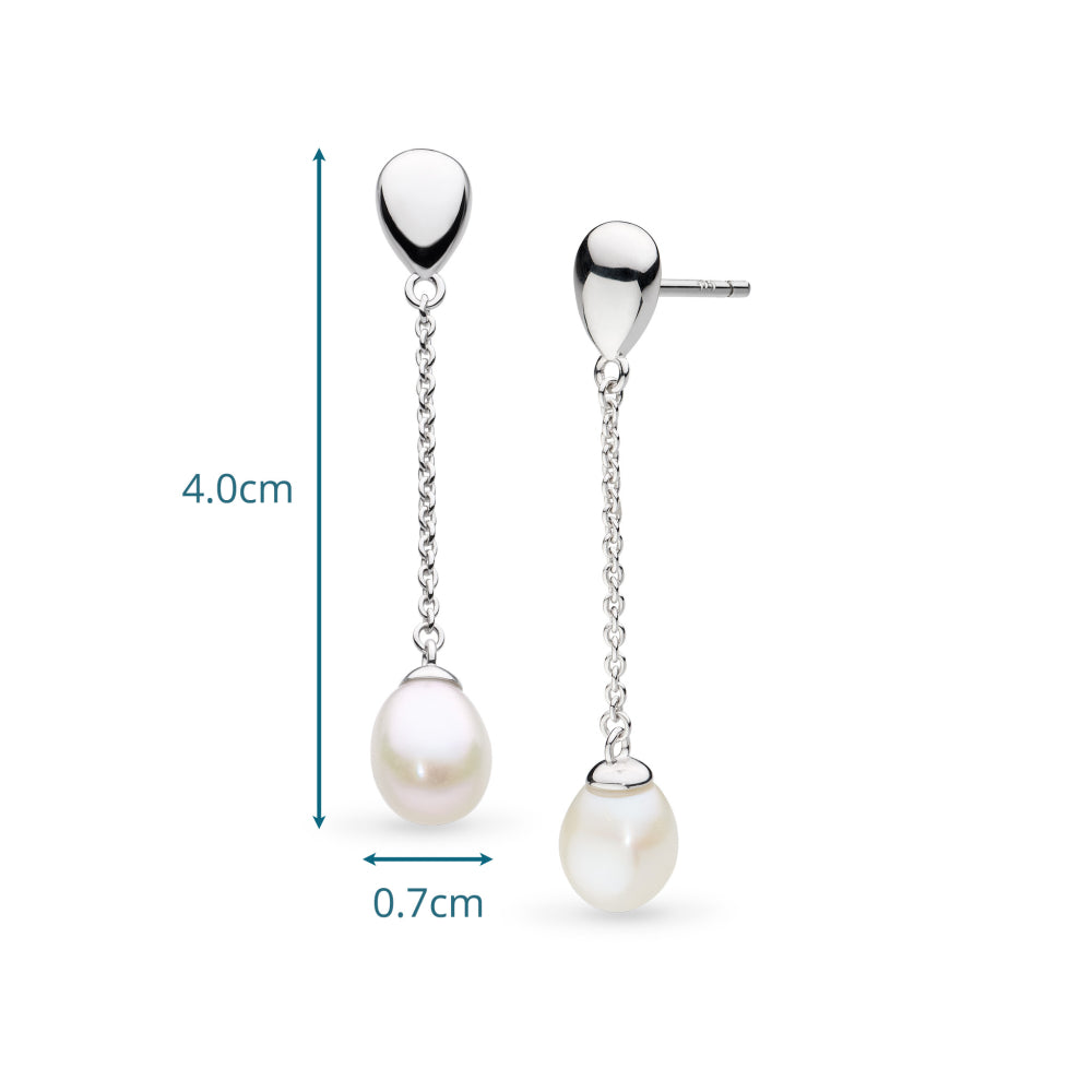 Pearl drop earrings with chain on a white background, showing measurements.