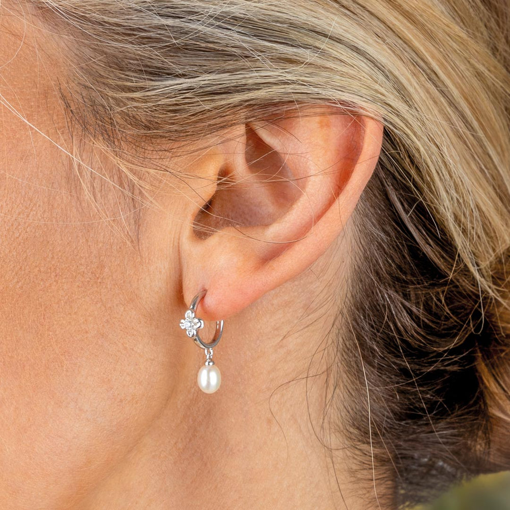 Kit Heath Blossom Flyte Honey Flower Zirconia Rhodium Plated Semi Hoop Stud Earrings 50333FPC