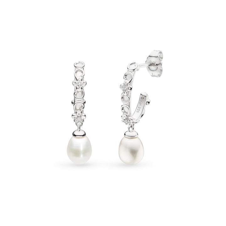 Kit Heath Blossom Flyte Honey Flower Zirconia Rhodium Plated Oval Semi Hoop Stud Earrings 50334FPC