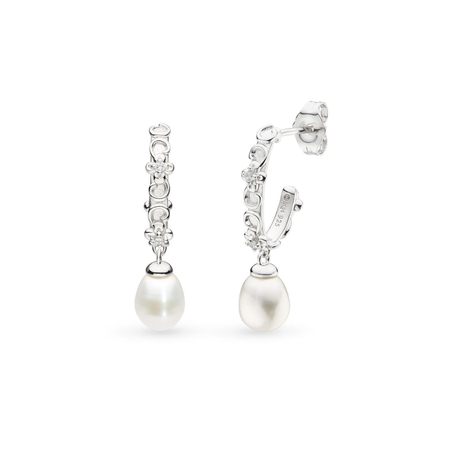 Kit Heath Blossom Flyte Honey Flower Zirconia Rhodium Plated Oval Semi Hoop Stud Earrings 50334FPC