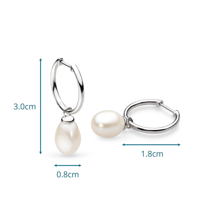 Pearl hoop earrings with measurements on a white background