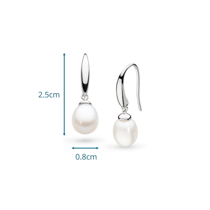 Pearl earrings with measurements on a white background