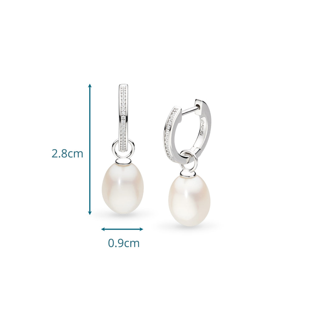 Pearl earrings with silver hooks and measurements on a white background
