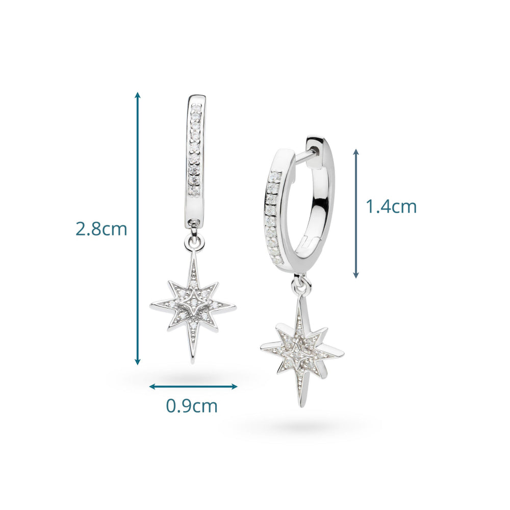 Silver star-shaped earrings with measurements on a white background
