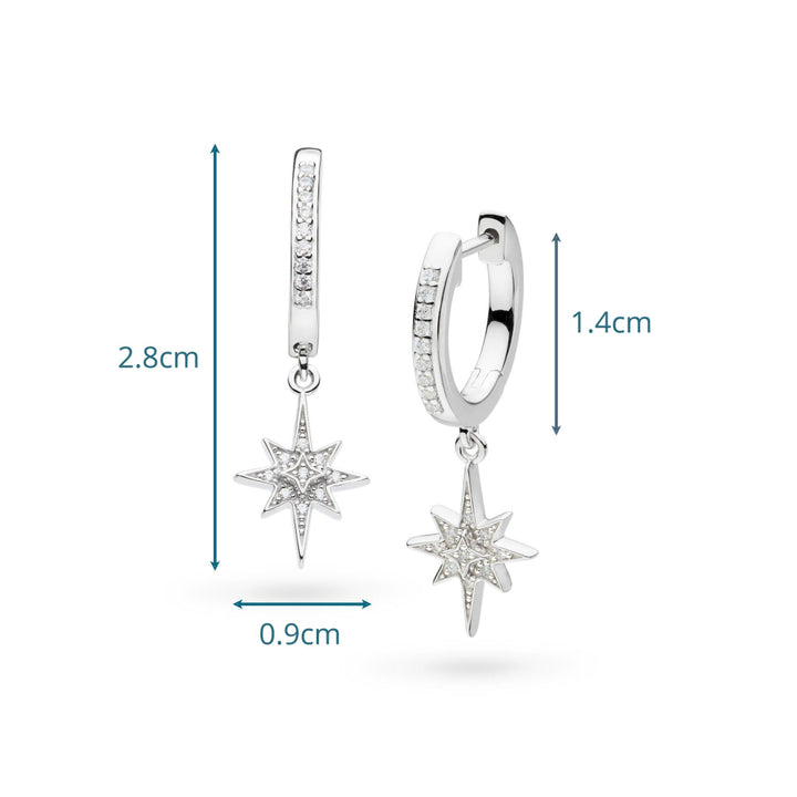 Silver star-shaped earrings with measurements on a white background