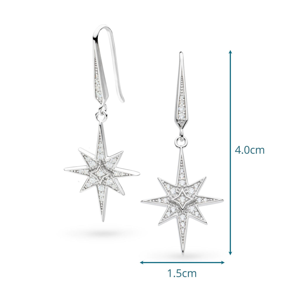 Star-shaped earrings with measurements on a white background