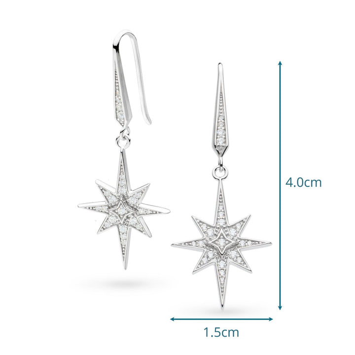 Star-shaped earrings with measurements on a white background