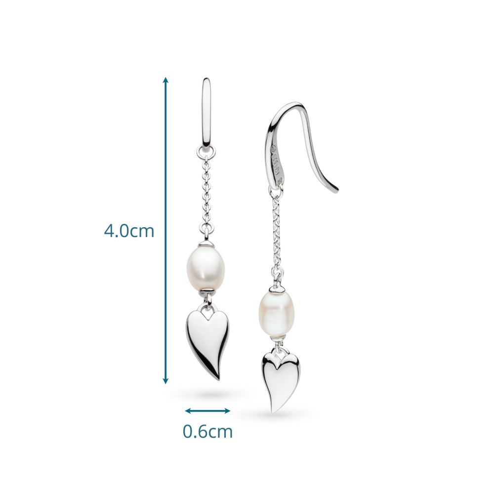 Silver earrings with heart and pearl designs, shown with measurements on a white background.