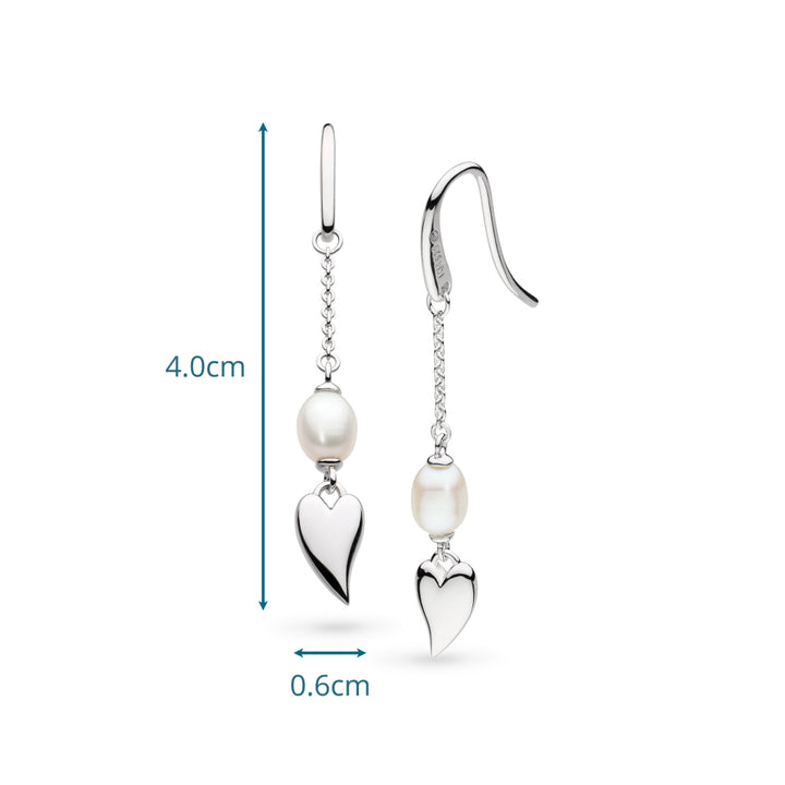 Silver earrings with heart and pearl designs, shown with measurements on a white background.
