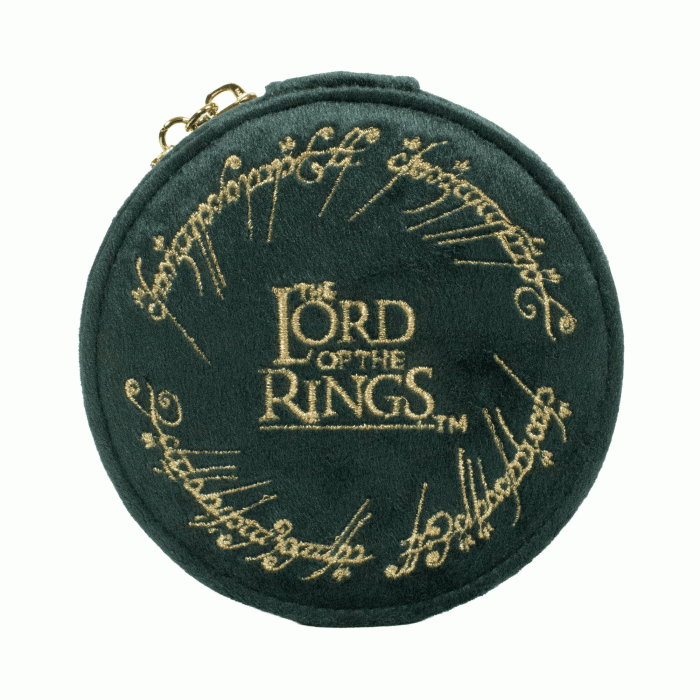 A round dark green velvet coin purse featuring gold embroidery of the 'Ring of Power' from The Lord of the Rings, with a small gold zipper pull at the top.